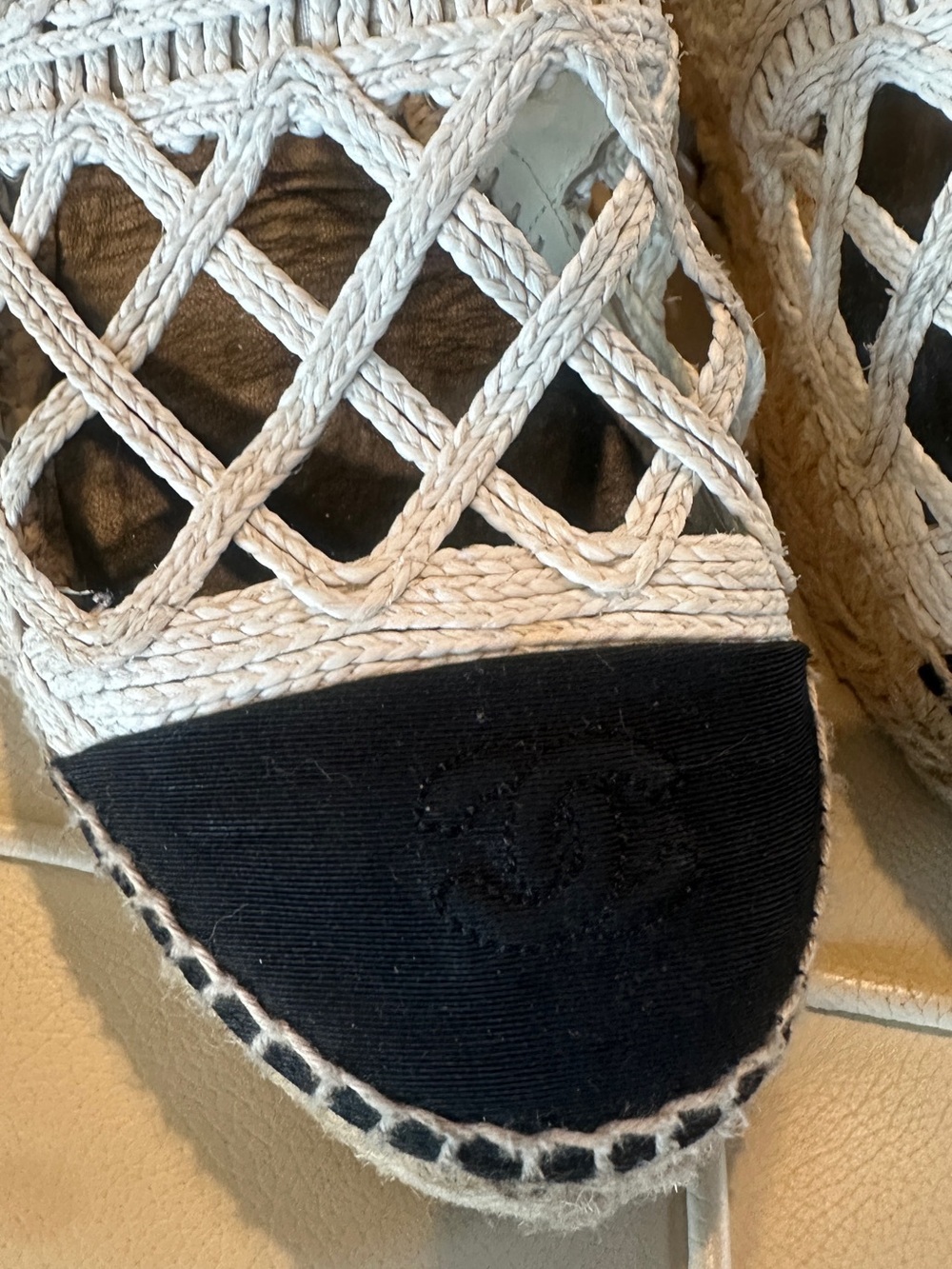 CHANEL Black Cap-Toe Espadrille Flats with White Crochet Lattice